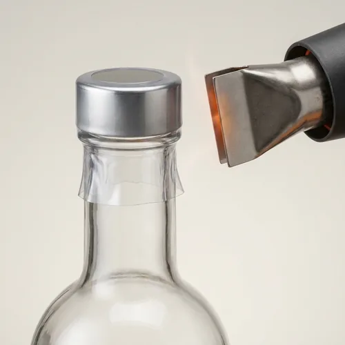 Pistola de calor encogiendo un sello de garantía sobre la tapa de una botella